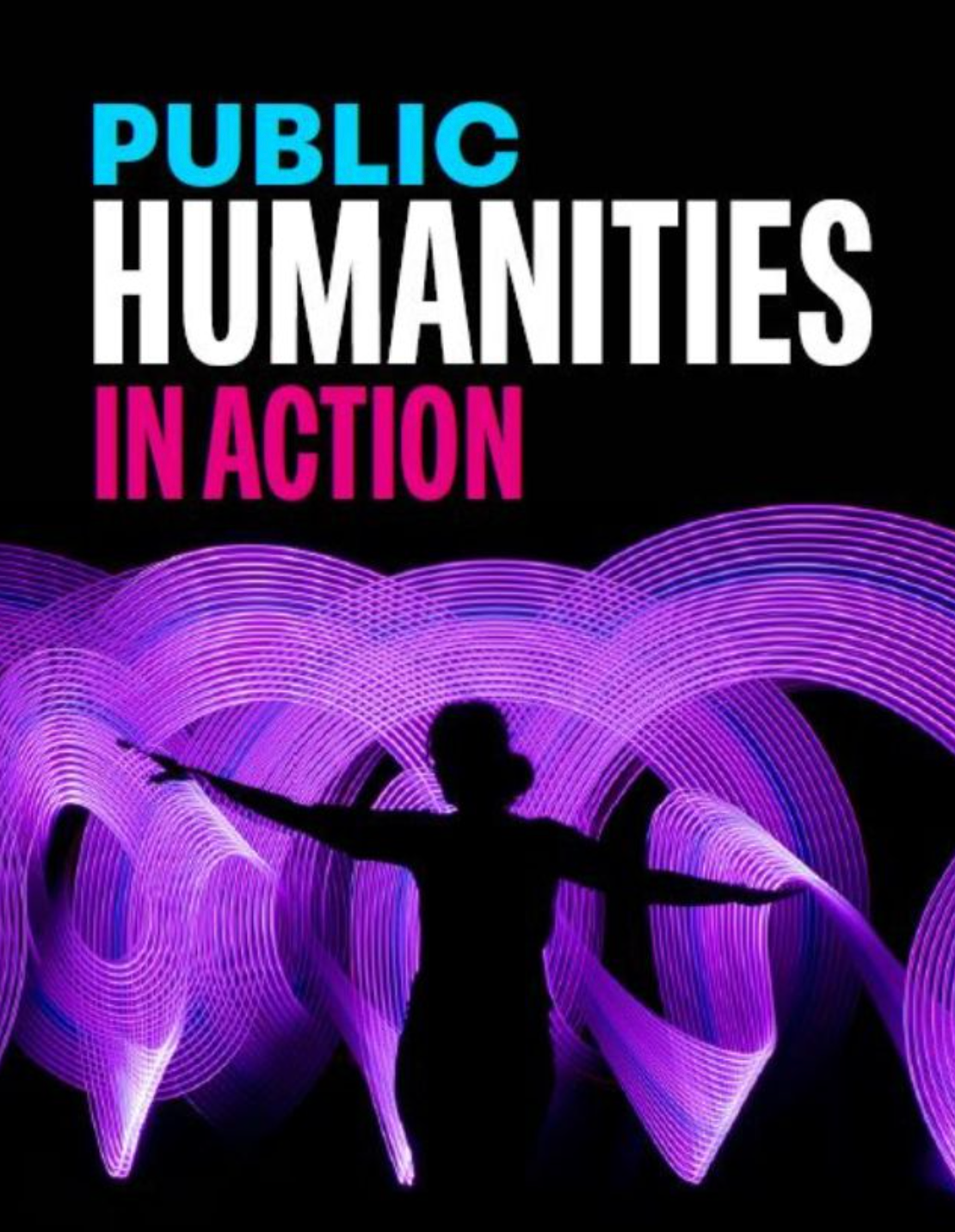 Pub Humanities in action. A girl dances in silhouette against a background of electric purple arcs